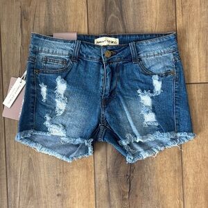 Frayed Hem Distressed Denim Shorts - Blue